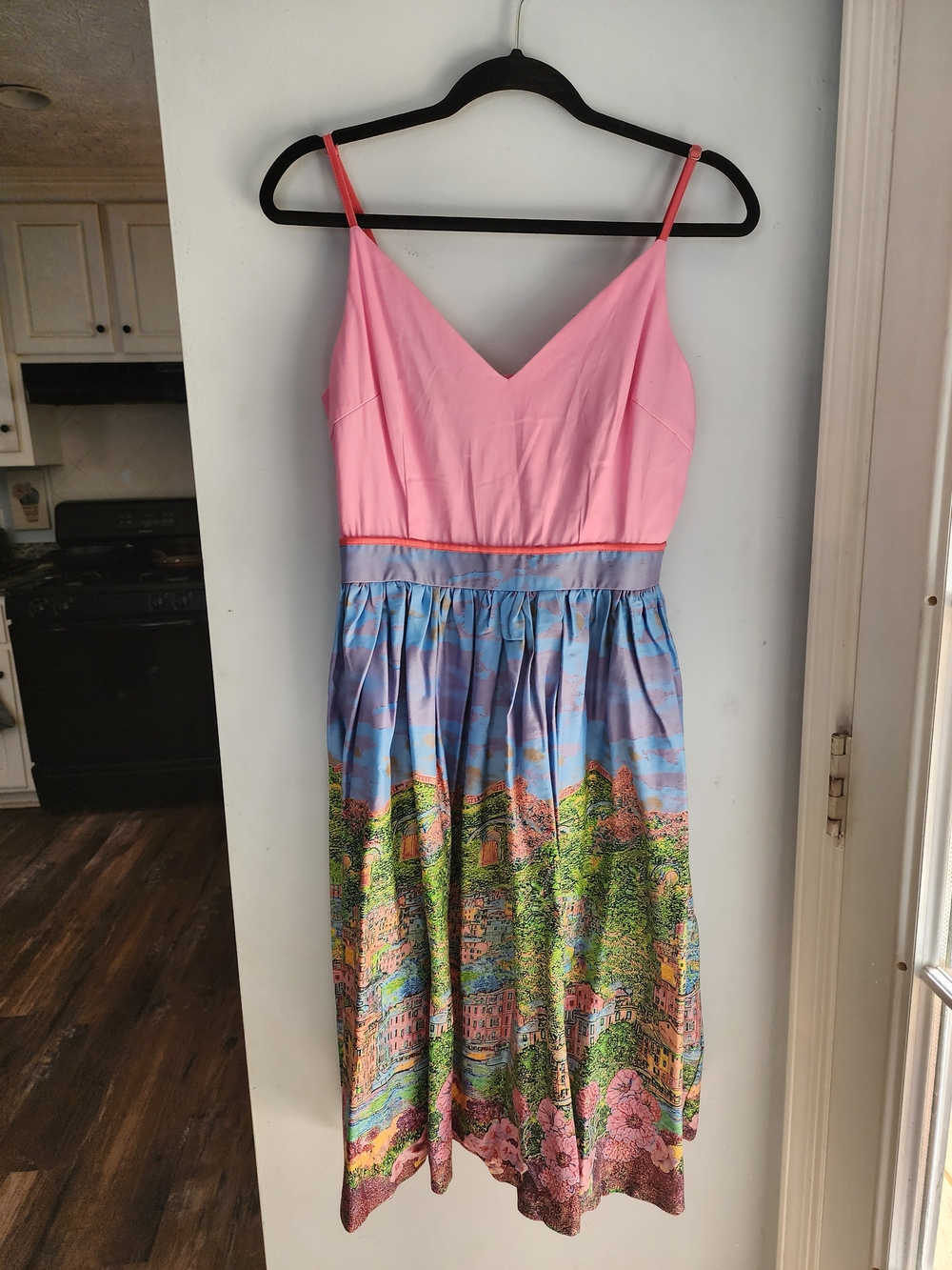 Lindy Bop Pink V-Neck Spaghetti Strap Dress with Scenic Print Skirt